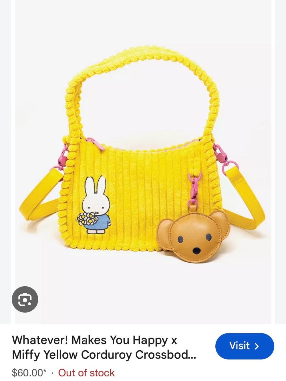 NIB Whatever! Makes You Happy x Miffy corduroy crossbody bag